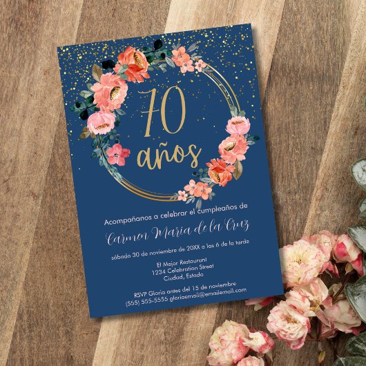 Invitation Espagnol Chic Blue Rose Floral 70e fête d'annivers