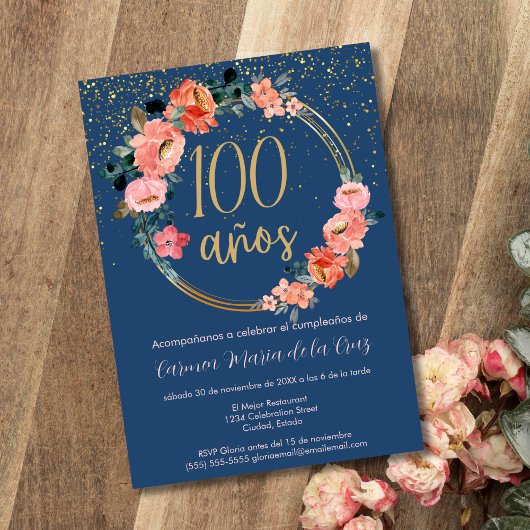Invitation Espagnol Chic élégant Floral 100e fête d'anniversa