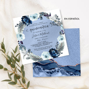 Invitation Espagnol Chic Fleurs Bleues Agate Foil Quinceañera