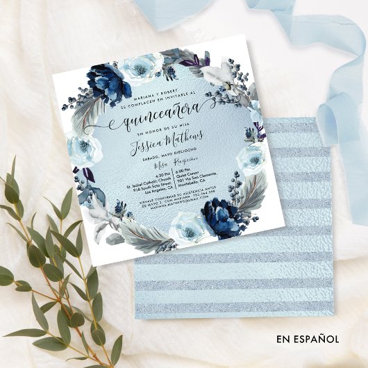 Invitation Espagnol, Chic Fleurs Bleues Pales et Quinceañe Fo