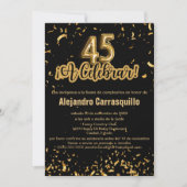 Invitation Espagnol Chic Noir et Or Confetti 45e anniversaire (Devant)
