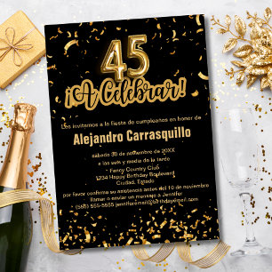 Invitation Espagnol Chic Noir et Or Confetti 45e anniversaire