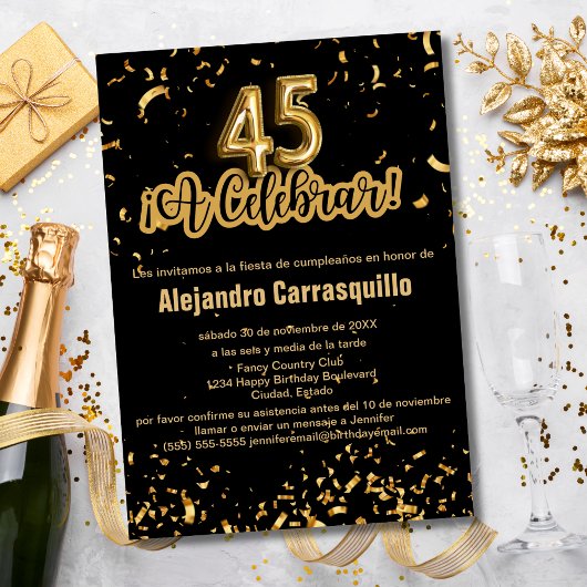 Invitation Espagnol Chic Noir et Or Confetti 45e anniversaire