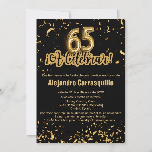 Invitation Espagnol Chic Noir & Or Confetti 65e anniversaire (Devant)