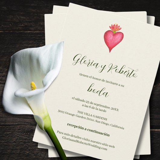 Invitation Espagnol, Coeur Rouge Et Fleur Mariage Mexicain