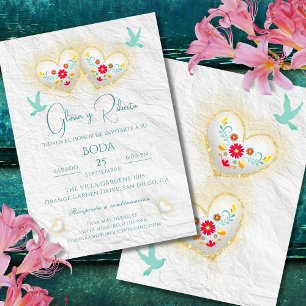 Invitation Espagnol, Cœurs en Pastel Mexicain Fleurs Colombes