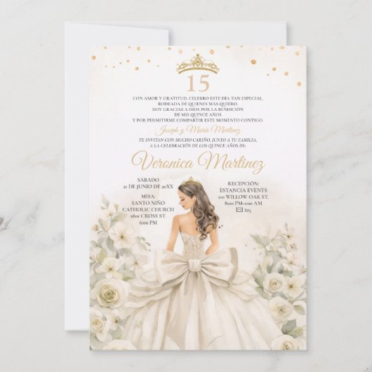 Invitation Espagnol Crème d'Ivoire Princesse Florale Douce 15 (Devant)