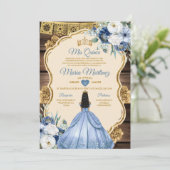 Invitation Espagnol Dusty Blue Floral Wood Quiñceanera (Debout devant)
