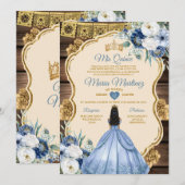 Invitation Espagnol Dusty Blue Floral Wood Quiñceanera (Devant / Derrière)