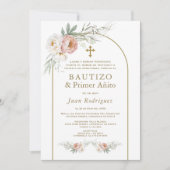 Invitation Espagnol Dusty Fleurs Roses Baptême 1er anniversai (Devant)