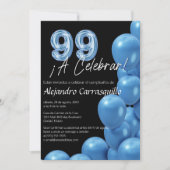 Invitation Espagnol élégant Ballons Bleus Noir 99e anniversai (Devant)