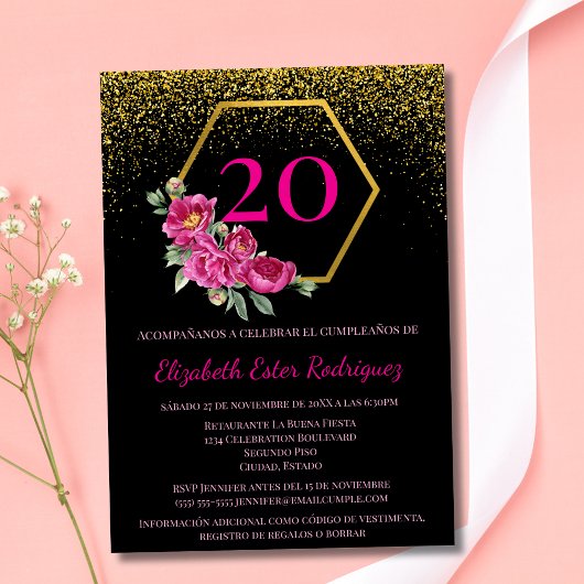 Invitation Espagnol Elégant Black Gold Rose 20e anniversaire