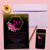 Invitation Espagnol Elégant Black Gold Rose 20e anniversaire
