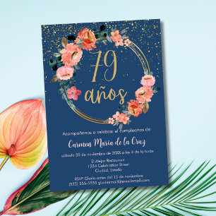 Invitation Espagnol Élégant Bleu Rose Floral 79e Anniversaire