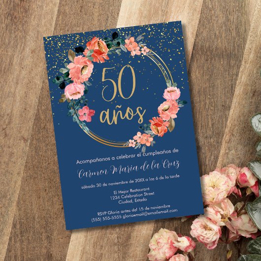 Invitation Espagnol Elégant Blue Floral 50e fête d'anniversai