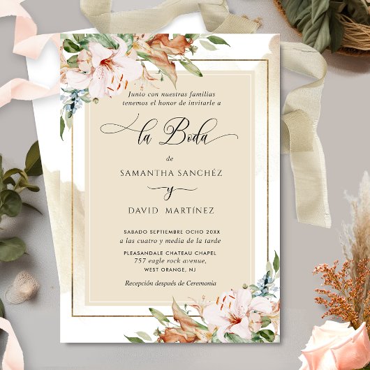 Invitation Espagnol, Élégant Blush Terracotta Floral Mariage