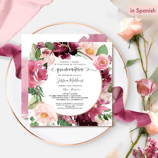 Invitation Espagnol Elégant Bourgogne Rose Blush Quinceanera