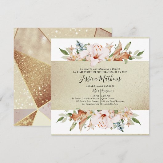 Invitation Espagnol, Elegant Champagne Or Floral Quinceañera (Devant / Derrière)
