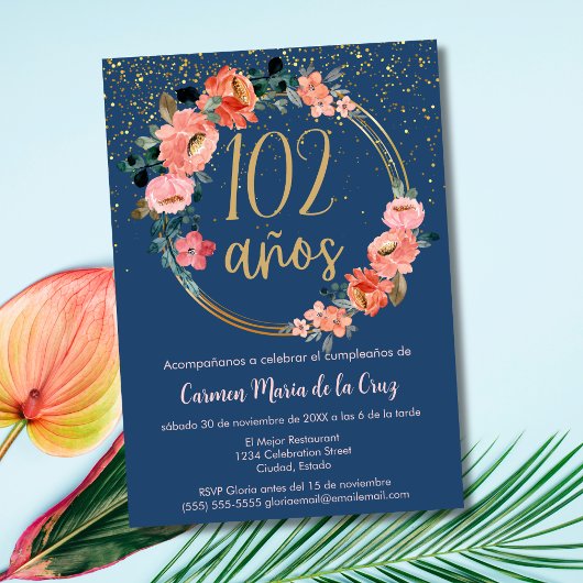 Invitation Espagnol Elegant Chic Blue Pink 102e anniversaire