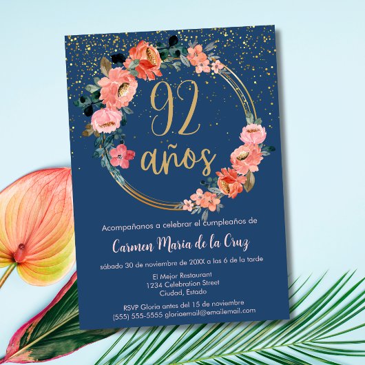 Invitation Espagnol Elegant Chic Blue Pink 92e anniversaire