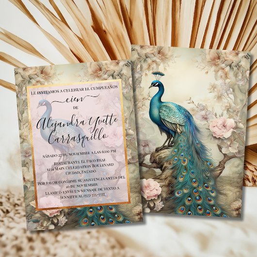 Invitation Espagnol Elégant Golden Blue Peacock 100e annivers