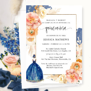 Invitation Espagnol, Elegant Marine Bleu Floral Quinceañera