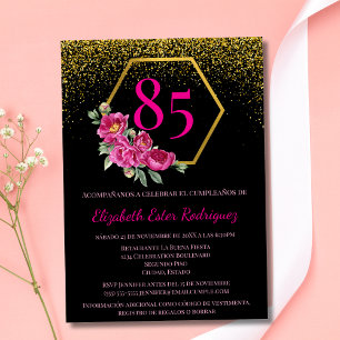 Invitation Espagnol Élégant Noir Or & Rose 85e Anniversaire