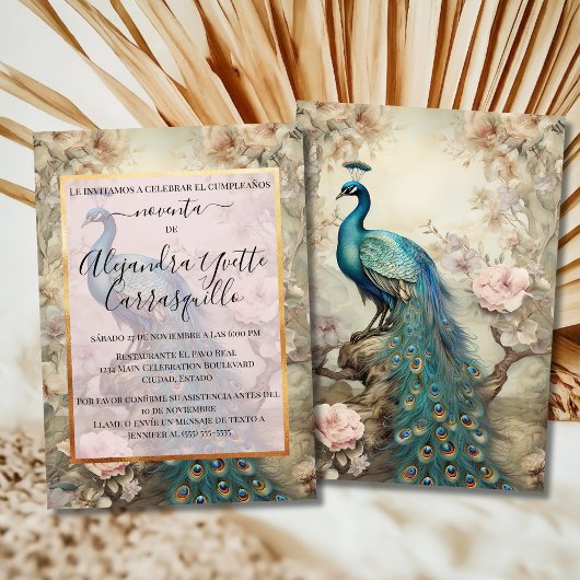 Invitation Espagnol Elégant Peacock Bleu & Or 90e anniversair