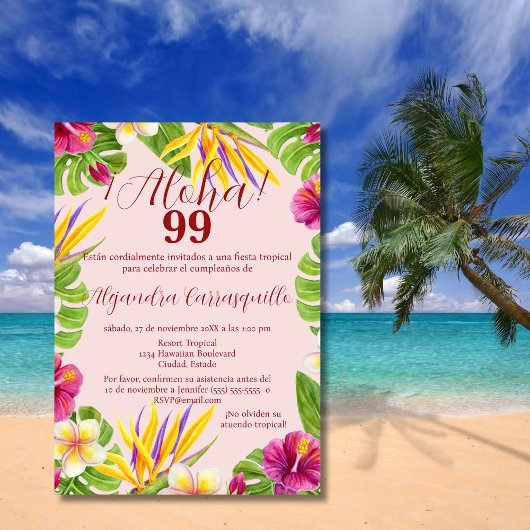 Invitation Espagnol Elégant rose Aloha Hawaiian 99e anniversa