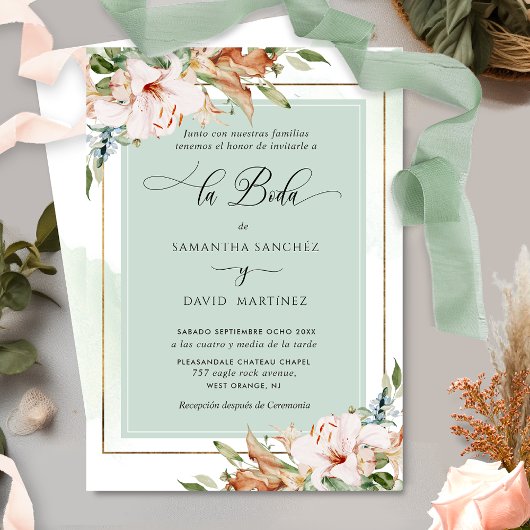 Invitation Espagnol, Élégant Rose Dusty, Mariage Floral Sage