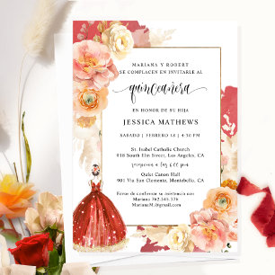 Invitation Espagnol, Elégant Rouge Floral Quinceañera Invitat