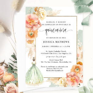 Invitation Espagnol, élégant Sage Vert Floral Quinceañera