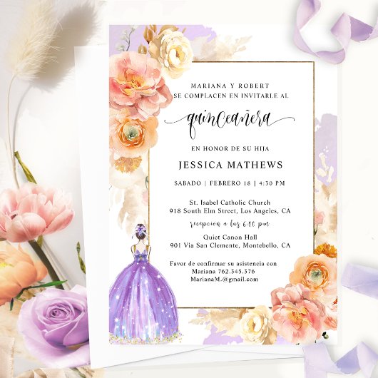 Invitation Espagnol, élégant violet Floral Quinceañera