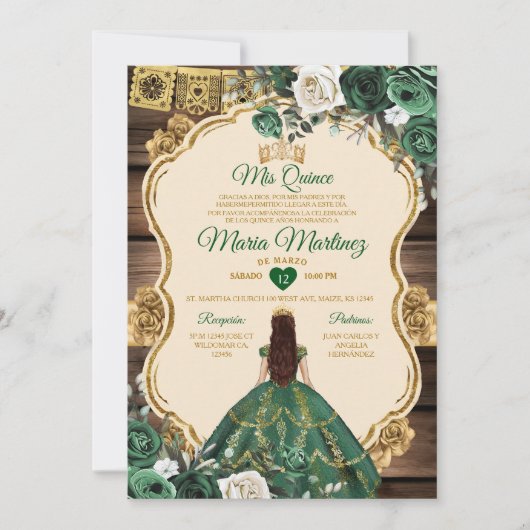 Invitation Espagnol Emerald Green Floral Bois Quiñceanera (Devant)