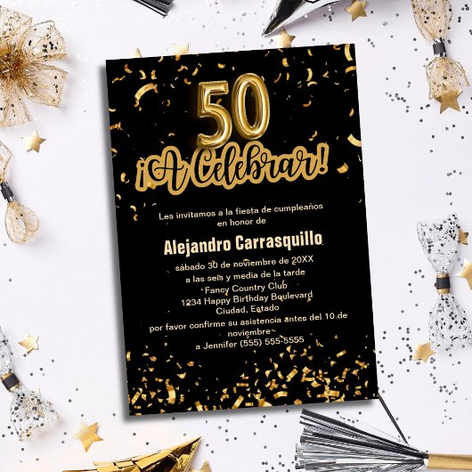 Invitation Espagnol Fancy Black & Gold Confetti 50e anniversa