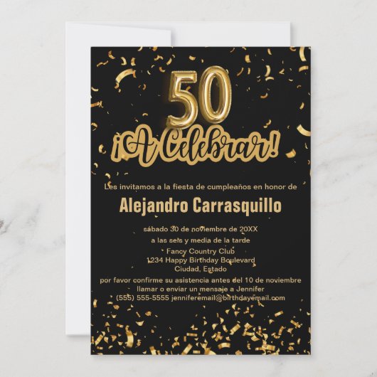 Invitation Espagnol Fancy Black & Gold Confetti 50e anniversa (Devant)