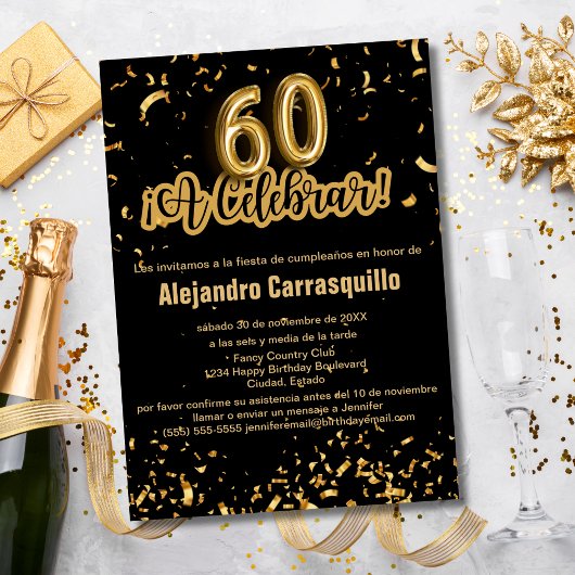 Invitation Espagnol Fancy Black & Gold Confetti 60e anniversa