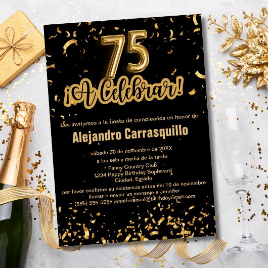 Invitation Espagnol Fancy Black & Gold Confetti 75e anniversa