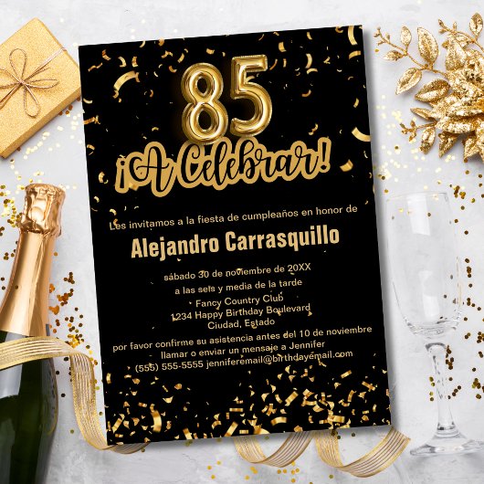Invitation Espagnol Fancy Black & Gold Confetti 85e anniversa