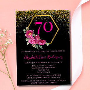 Invitation Espagnol Fancy Black Gold & Pink 70e anniversaire