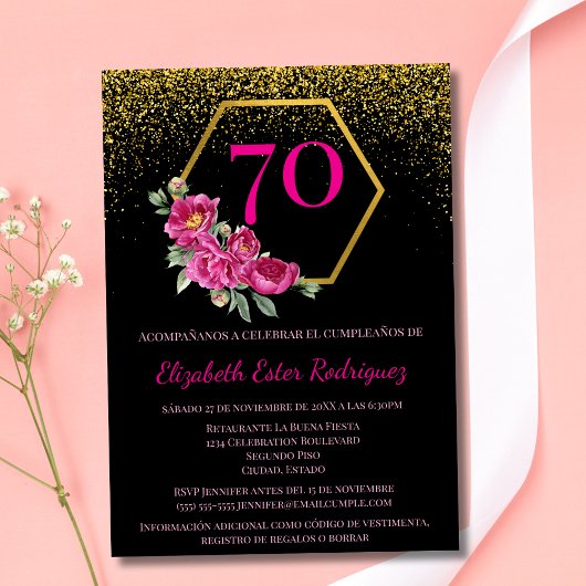 Invitation Espagnol Fancy Black Gold & Pink 70e anniversaire