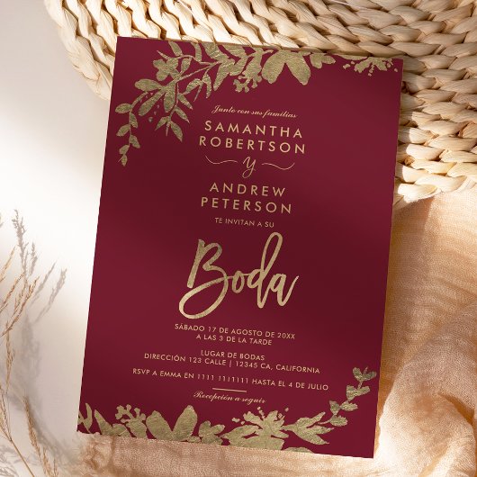 Invitation Espagnol feuille d'or floral bordeaux chic mariage