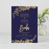 Invitation Espagnol feuille d'or floral marine bleu chic mari (Debout devant)