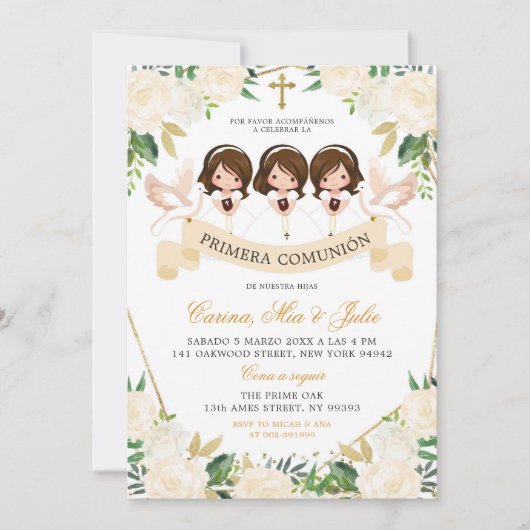 Invitation Espagnol Filles frère première sainte communion (Devant)