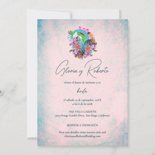 Invitation Espagnol, Fleurs rustiques Coeur Mariage mexicain (Devant)