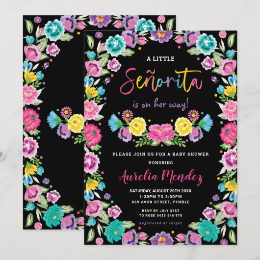 Invitation Espagnol Floral Fiesta Baby shower fille (Devant / Derrière)