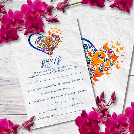 Invitation Espagnol Floral Heart & Butterflies Mariage mexica