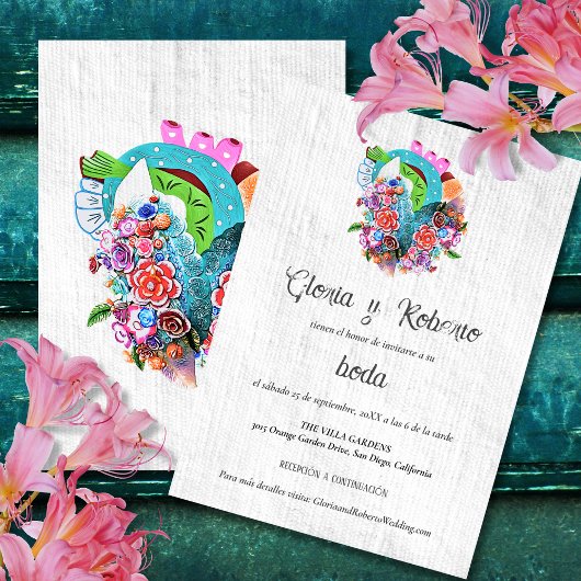 Invitation Espagnol, Flower Heart Mariage mexicain