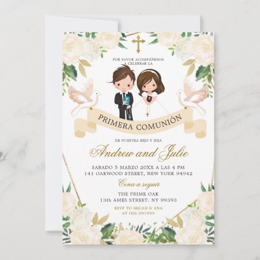Invitation Espagnol frère et fille Première communion sainte (Devant)