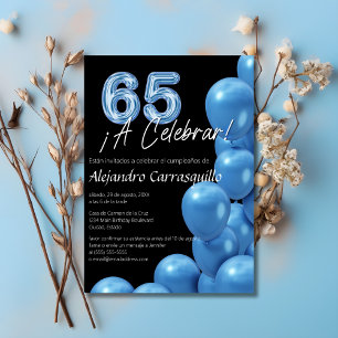Invitation Espagnol Fun Blue Balloons Noir 65ème anniversaire